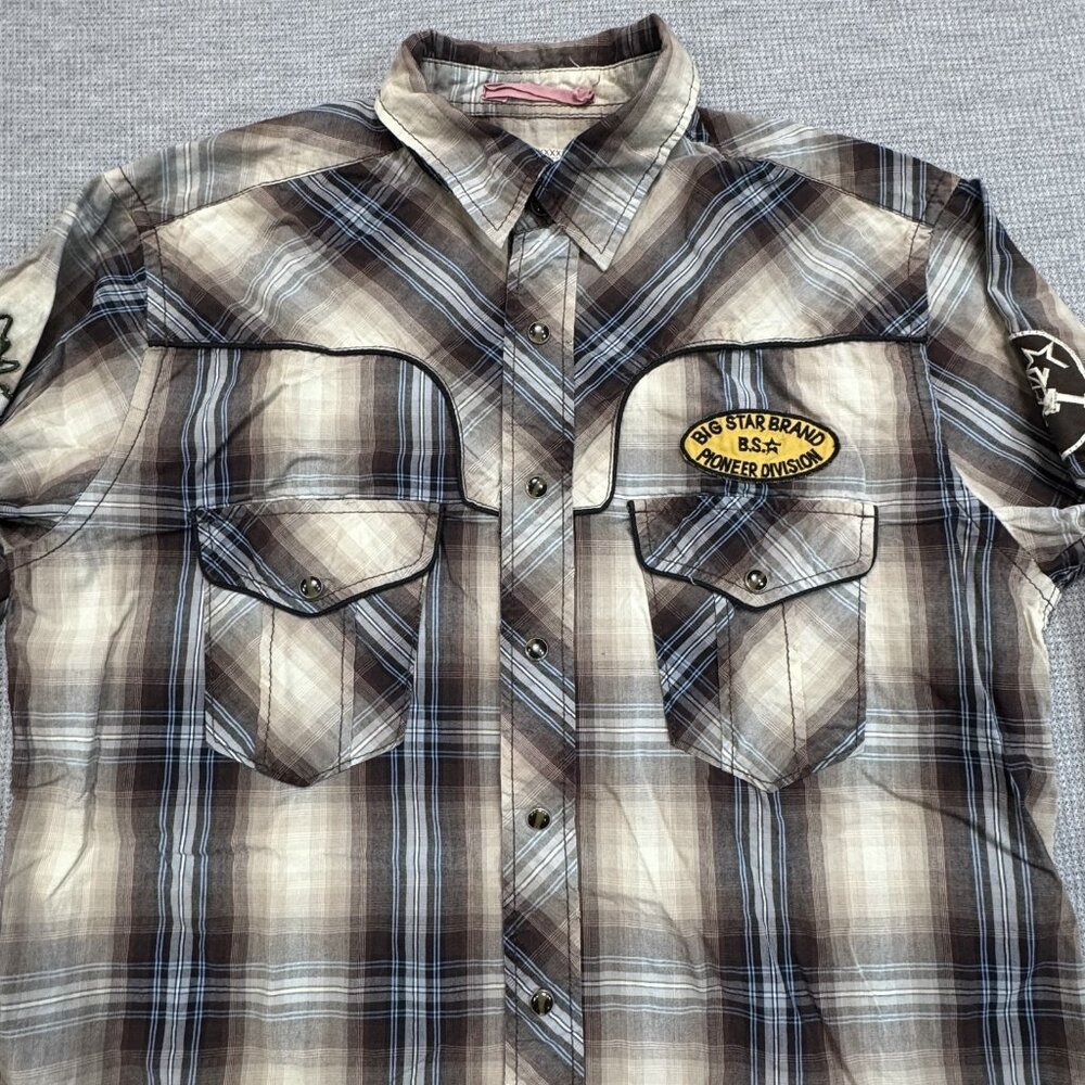 Big Star Mens Size M Brown Plaid Western Shirt Matthew Pearl Snaps Long Sleeve - Picture 3 of 15